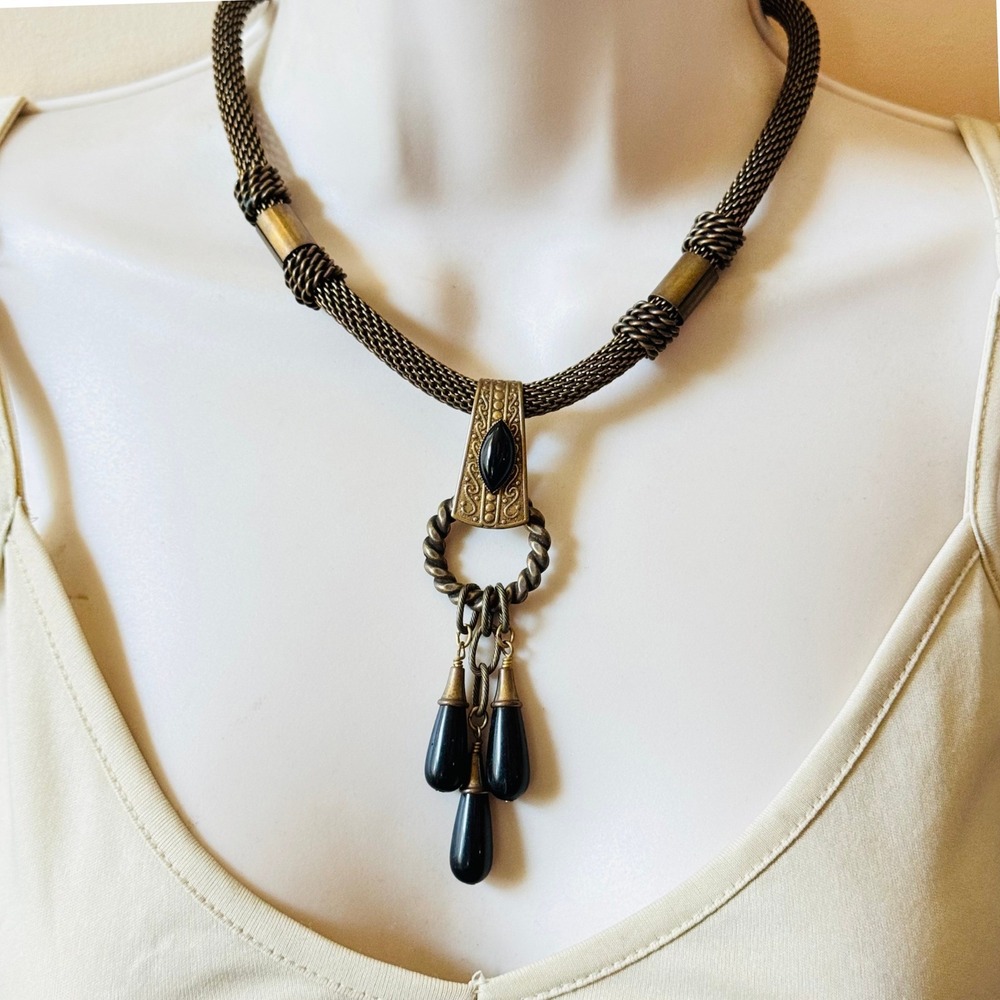 Jan Michaels SF VTG Necklace Signed Antiqued Brass Victorian Goth Style Glass